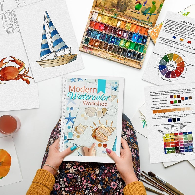 ADEVIAN Watercolor Workbook, Watercolor Workbook Paint Book Beginner Friendly, 12 Different Patterns Stress-Relieving Art Crafts for Creative Exploration Gift for Women Adults Teens (Seaside, 1) - Image 2